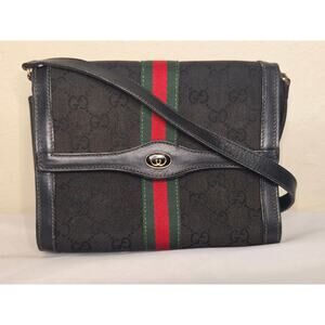 Gucci Black GG Monogram Web Stripe Crossbody Bag Vintage Ophidia Denim Leather